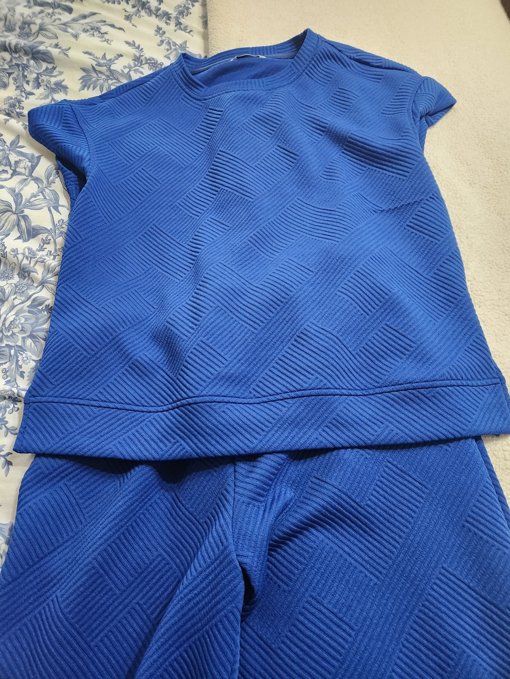 Textured Royal Blue Short Sleeve Top and Pants Set
